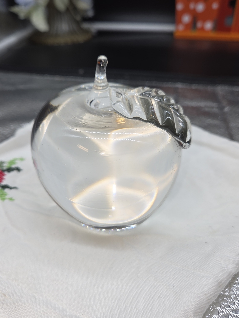 Clear Glass Apple Paperweight with Leaf Accent